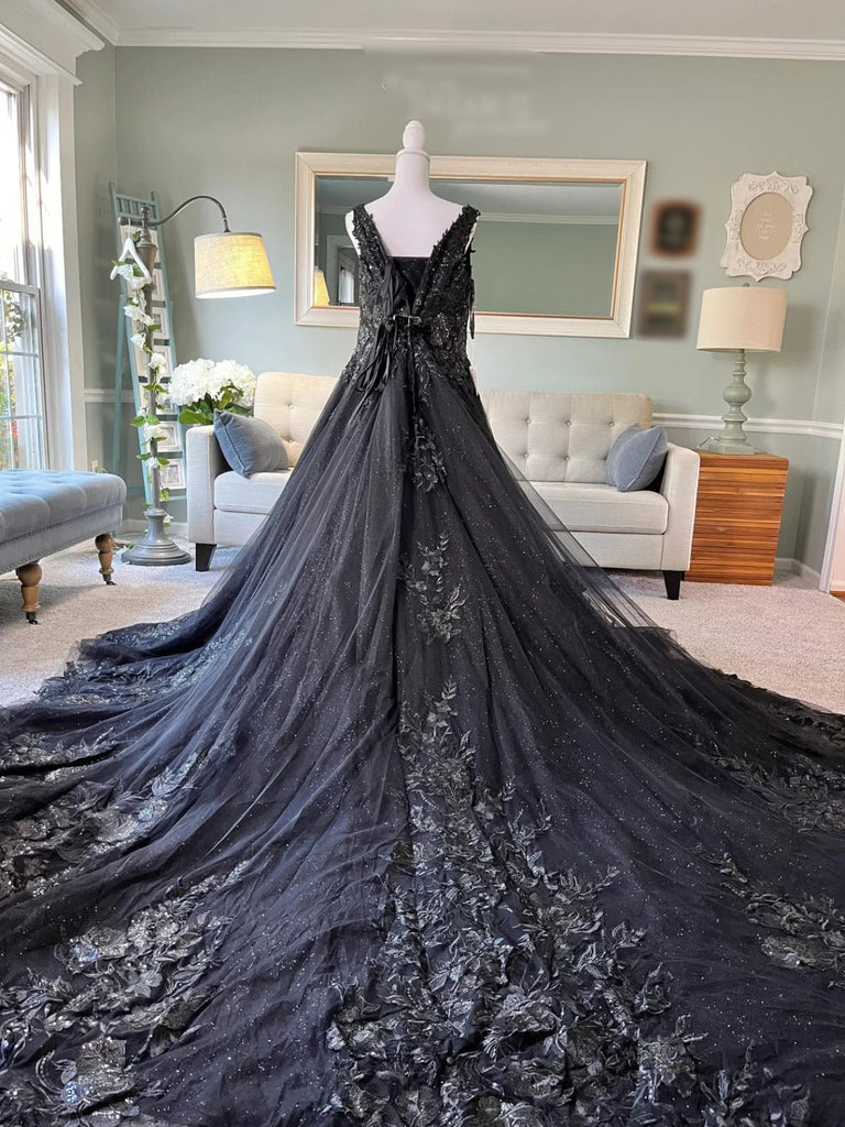 Gothic Black Satin Wedding Dresses Long Sleeve Lace Appliques Bridal Ball  Gown | eBay